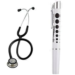 3M Littmann Classic III Stethoscope, Stainless-Steel-Finish Chestpiece, Black Tube, 27 inch, 5620 and Primacare DL-9325 Reusable LED Penlight with Pupil Gauge bundle