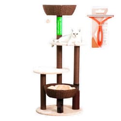 Petpals Pharaoh Cinnamon Brown and Porcelain White 4 Level Cat Tree and Multi-Surface Brush Pet Hair