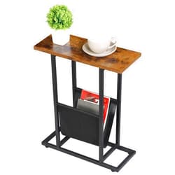 F2C Small Narrow Side Table with Magazine Holder Sling for Small Spaces, Slim Nightstand Magazine Table with Storage Holder, Snack Couch Bedside Table, Metal Frame, Industrial, Rustic Brown