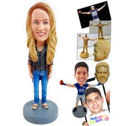 MyCustomBobblehead.com Custom Bobblehead Relaxed Woman Wearing a Very Beautiful Jacket, Shirt and Sandals - Leisure & Casua