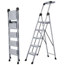 XinSunho 5 Step Ladder, Foldable Step Stool Ladder with Handrails & Tray, 660 lbs Heavy Duty Wide Pedals, Sturdy Steel Folding Ladder for Kitchen, Home, and Household Use (Silver, 5 Step)