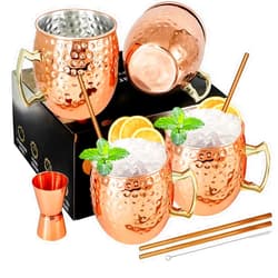 SuproBarware Moscow Mule Mugs Copper Mule Cup Kit 18oz Set of 4 with Handle Large Copper Hammered Plating Cups with 0.5oz Double Jigger, Stainless Steel Straws, Spoon for Cold Drinks Cocktails Wine