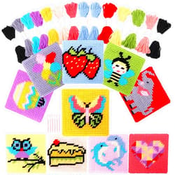 Pllieay Kids 10-in-1 Cross Stitch Beginner Kit for Kids, includes Instruction of 10 Different Patterns, 10 Blank Plastic Canvas for Needlework, and 14 Colored Threads, Needlepoint Starter Sewing Set