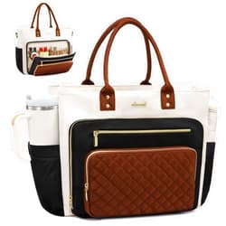 LOVEVOOK Teacher Tote Bag for Women Work, Laptop Bag With Large Cup Holder, Nurse Bags Professional Briefcase Business Computer Purses Handbag, Black-Beige-Brown, 15.6 Inch