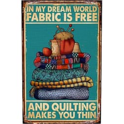 AUCAPS Vintage Metal Sign Look Fabric And Quilting Makes You Thin Signs Bathroom Sign Retro Farmhouse Home Restroom Toilet 8x12 Inch Metal Tin Signs