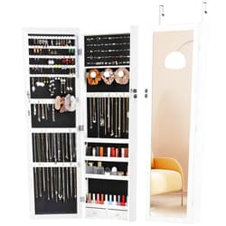 Sweetcrispy 6 LEDs Jewelry Cabinet Organizer, 47.2-inch Jewelry Armoire with Full-Length Mirror, Wall or Door Mounted Jewelry Storage, Lockable Large Capacity Storage,White