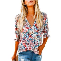 EVALESS V Neck Blouses for Women Dressy Casual Summer Puff Ruffle Short Sleeve Shirt Tops