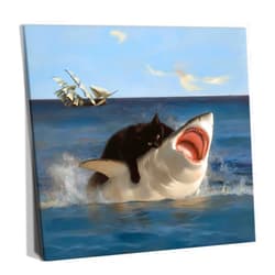 Yaneiro Framed Black Cat Wall Art, Funny Quirky Cat and Shark Pictures Canvas Print, Abstract Black Cat Shark Posters Wall Decor for Room Bedroom Living Room Bathroom 20x20 inch