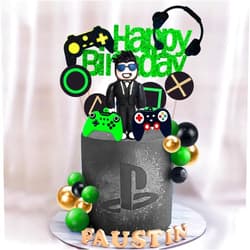 DRWATE Video Game Cake Toppers Gamer Cake Decoration Game Controller Green Gold Black Ball Cake Toppers for Game Theme Party Man Boy Birthday Party Supplies (Style 2)
