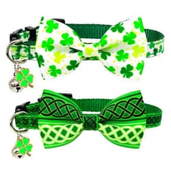 Casidoxi 2 Pcs St. Patricks Day Cat Collar Breakaway with Bow Tie & Bells, Shamrock Irish St Patricks Cat Bowtie Collars for Kitten Cats(Celtic Knots)