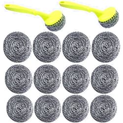 NRDBEEEC 18 PCS Stainless Steel Sponges Scrubbers Cleaning Ball Utensil Scrubber Metal Scrubber Scouring Pads Ball for Pot Pan Dish Wash Cleaning for Removing Rust Dirty Cookware Cleaner with Handle (18 Pack)