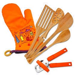 Lefty's The Left Hand Left-handed Only from Lefty's Kitchen Tool Set Includes Left-handed Can Opener, 4 Bamboo Utensils, and Orange Mitt 6 Pcs.