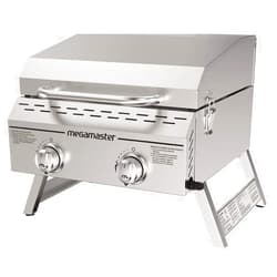 Megamaster Premium Outdoor Cooking 2-Burner Grill, While Camping, Outdoor Kitchen, Patio Garden, Barbecue with Two Foldable legs, Silver in Stainless Steel