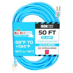 Iron Forge Cable 50 Ft All Weather Extension Cord - Stays Flexible in Extreme Cold & Hot Temperatures from -58°F to +194°F - 12/3 SJEOW Heavy Duty Lighted Outdoor Extension Cable