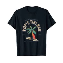 BizzyflyUSA Pop's Tiki Bar Vintage Surfboard Dad's Palm Tree Beach T-Shirt