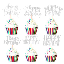Hengmerry 36Pcs Happy Birthday Cupcake Toppers Glitter Birthday Cake Pick Decorations for Birthday Party Anniversary Celebration, Silver