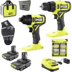 Buho Cordless 2-Tool Combo Bundle with Ryobi 18-Volt Drill, Impact Driver, 50-Piece Drill Bit Set, (2) 1.5 Ah Batteries, Charger, Tool Bag, Buho Drill Holster, and Buho Zipper Tool Pouch
