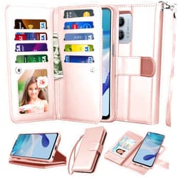 Njjex For Motorola Moto G 5G 2024 Wallet Case, For Moto G Play 5G 2024 Case, [9 Card Slots] PU Leather ID Credit Card Holder Folio Flip [Detachable] Kickstand Magnetic Phone Cover & Lanyard -Rose Gold