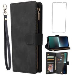 Asuwish Compatible with Sony Xperia 1 V 2023 Wallet Case Tempered Glass Screen Protector and Leather TPU Kickstand Flip Cover Card Holder Stand Cell Accessories Phone Cases for 1V 5G Women Men Black