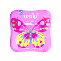 Welly Bandages | Adhesive Flexible Fabric Bravery Badges | Assorted Shapes for Minor Cuts, Scrapes, and Wounds | Colorful and Fun First Aid Tin | Butterfly Patterns - 48 Count