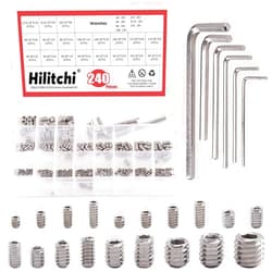 Hilitchi 240Pcs 19Sizes SAE Stainless Hex Allen Head Socket Set Screws Grub Screw Bolts Assortment Kit Internal Hex Drive Cup-Point Screws with 7 Hex Wrenches