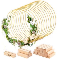 ZOOFOX 12 Pack Metal Floral Hoop Centerpiece with Stand, 12 Inch Large Metal Hoop for Crafts, Wreath Macrame Gold Hoop Rings for DIY Wedding Decor Dream Catcher
