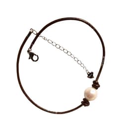 JL JewelryNovelties Leather and Pearl Anklet, Adjustable Sterling Silver Chain and Pearl Anklet (#25 Brown, 6