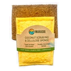 Marasol Scrubber Sponge (3) | Dual-Sided Coconut Fiber & Cellulose Sponge | Plastic Free-Plant-Based Kitchen Scrubbing Sponges for Dishes, Pans | Tough No-Scratch Scour Pad | Compostable | Pack of 3
