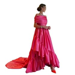 CLcaojun Women's Satin A Line Evening Dress with Ruffles Elegant Off Shoulder Trailing Prom Dress