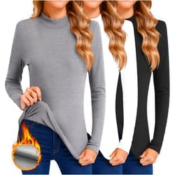 Ficerd 3 Pack Women's Mock Turtleneck Shirts, Fleece Lined Thermal Underwear Tops Long Sleeve Tight Base Layer Undershirts