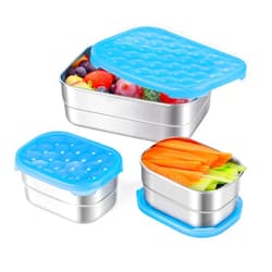Tanjiae Stainless Steel Lunch Containers for Kids | Leak Proof BPA Free Snack Containers with 100% Pure Silicone Lids - Perfect Metal Food Containers with Lids for School and Daycare (25oz+8oz*2)