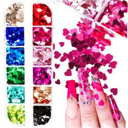 QDTK 3D Heart Nail Art Stickers Glitter Decals Holographic Heart Nail Sequins Sparkle Nail Flakes Valentine's Day Shiny Charms Design for Acrylic Nail Supplies Manicure Decorations Accessories 12 Colors