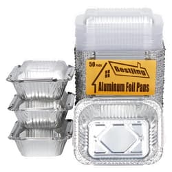 Bestjing 50 Pack Small 8 OZ/230ML Capacity Disposable Takeout Foil Pans with Clear Plastic Lids - Aluminum Foil Food Containers with Strong Seal for Catering Party Meal Prep Freezer BBQ Potluck