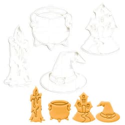 Bakerlogy Set of 4 Witchcraft theme cookie cutters (Designs: Candle, Cauldron, Witch Hat, and Haunted House), 4 pieces - Bakerlogy