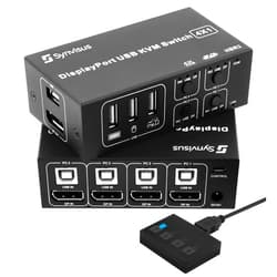 Synvisus DisplayPort KVM Switch 4 Port 3D UHD 4K@60Hz, 2K@120Hz 4 in 1 Out USB and DP1.2 KVM Switcher, with 4 USB Cables-Upgraded Version