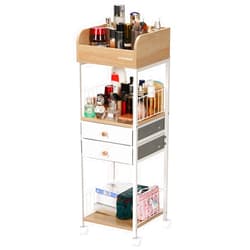 VIVOHOME Makeup Organizer with Drawers, Cosmetics Display Cases, 2 Shelves Floor Skincare Organizer Cart, Vanity Organizer Holder for Perfumes, Nail Polish, Hair Tools, Gift for Mom, Wood Color