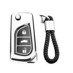 M.JVisun Soft TPU Case Key Fob Cover For Toyota 4Runner Avalon C-HR Camry Corolla Fortuner Highlander Levin RAV4 LE Sequoia Sienna Tacoma Tundra Yaris Car Key Shells - Glossy Silver - Braided Keychain