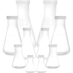 Peohud Set of 10 Scientific Plastic Erlenmeyer Flasks, Narrow Mouth Erlenmeyer with Screw Caps, Lab Erlenmeyer Flask with Molded Graduations(50ml, 100ml, 250ml, 500ml, 1L)