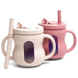 XPECIAL 100% Silicone Baby Training Cup 2PCS See-through Toddler 5OZ Straw Drinking Sippy Cups for Infants 6 Months+ (Pink and Beige)