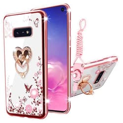 KuDiNi for Samsung Galaxy S10e Case, Galaxy S10e Case for Women Glitter Crystal Soft Bling Cute Butterfly Heart Floral Clear Protective Cover with Kickstand+Strap for Samsung Galaxy S10e (2019) (Rose Gold)