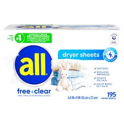 all Fabric Softener Dryer Sheets for Sensitive Skin, Free Clear, 195 Count