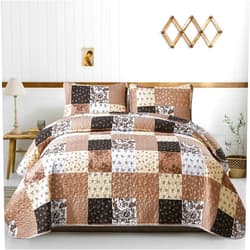 Mybedsoul Patchwork Quilt Set Queen Size,3 Pieces Brown Floral Plaid Patchwork Reversible Bedspread Coverlet Set for All Season,Summer Soft Microfiber Bedding Set Queen 90