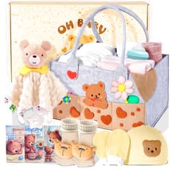 Coralogo Baby Shower Gift Basket - Baby Gift Set with Diaper Caddy, Gifts for New Mom, Gender Reveal Gifts, New Born Essential Include Security Blanket Hat Bib Socks Mittens, Boy & Girl