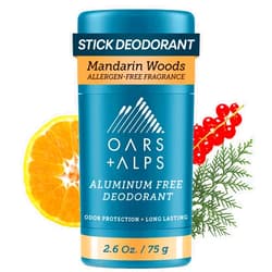 Oars + Alps Aluminum Free Deodorant for Men | Long Lasting Odor Protection, Clear & Free of White Residue, Anti-Chafing Smooth Glide, Dermatologist Tested, Mandarin Woods, 1pk, 2.6oz