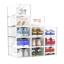 BINO 12-Pack Plastic Stackable Shoe Box Set - Clear | Foldable Shoe Storage Container | Sneaker Bins | Shoe Rack Box | Transparent | Portable Stacking Shoe Boxes Front Open