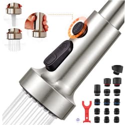 TIORIY with 15 Adapters Pull Down Kitchen Sink Faucet Head Replacement, 3 Functions Plastic Kitchen Sink Sprayer Nozzle Replacement for Kitchen Faucet, Pause Mode (Brushed Nickel)