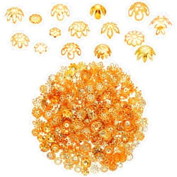 PH PandaHall 750pcs 15 Styles Golden Bead Caps Flower Spacer End Caps, Hollow Flower Beads Cap Gold Metal Filigree Bead End Caps for Bracelet Earrring Necklace DIY Jewelry Making Crafts