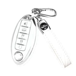 QBUC for Nissan Key fob Cover,Soft TPU 360°Car Key Case Protector with Keychain Compatible with Altima Sentra Rogue Pathfinder Murano Armada Maxima Versa ect 5 Buttons Smart Keys(White)