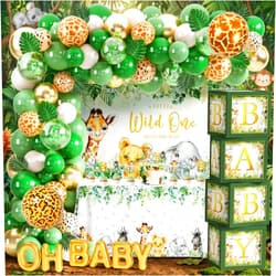 JOPHMO Safari Baby Shower Decorations for Boy - 116 Pcs Wild One Birthday Decorations Jungle Theme Baby Shower Decorations Boy with Balloon Arch Kit, Wild One Backdrop, Tablecloth and Baby Boxes
