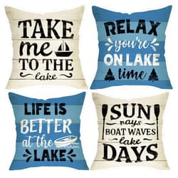 FBCOO Life is Better at The Lake House Decorative 18x18 Throw Pillow Cover Set of 4, Lakehouse Retro Paddle Boat Decoration, Summer Farmhouse Pillowcase Cushion Case Home Decor for Sofa Couch